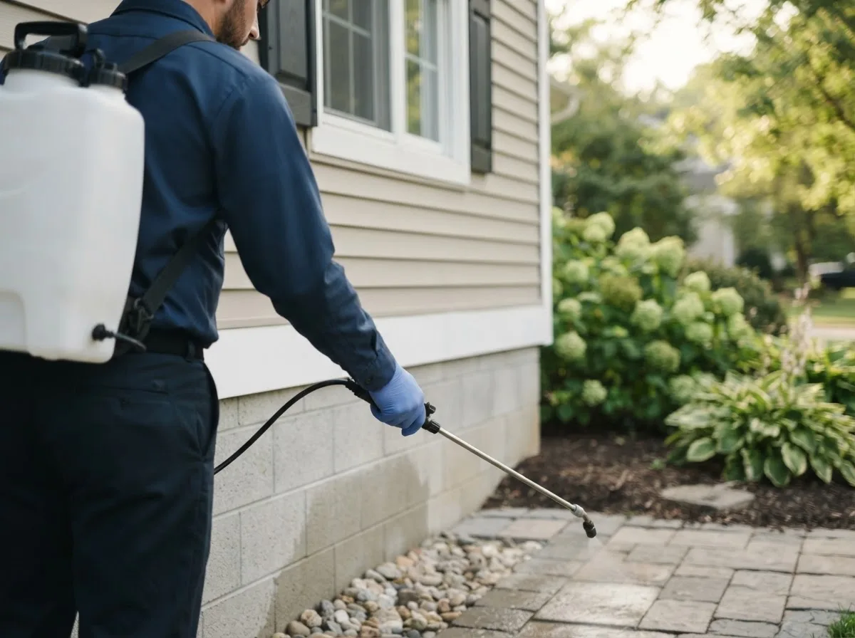 Pest control technician inspecting a home in Ellsworth, IL